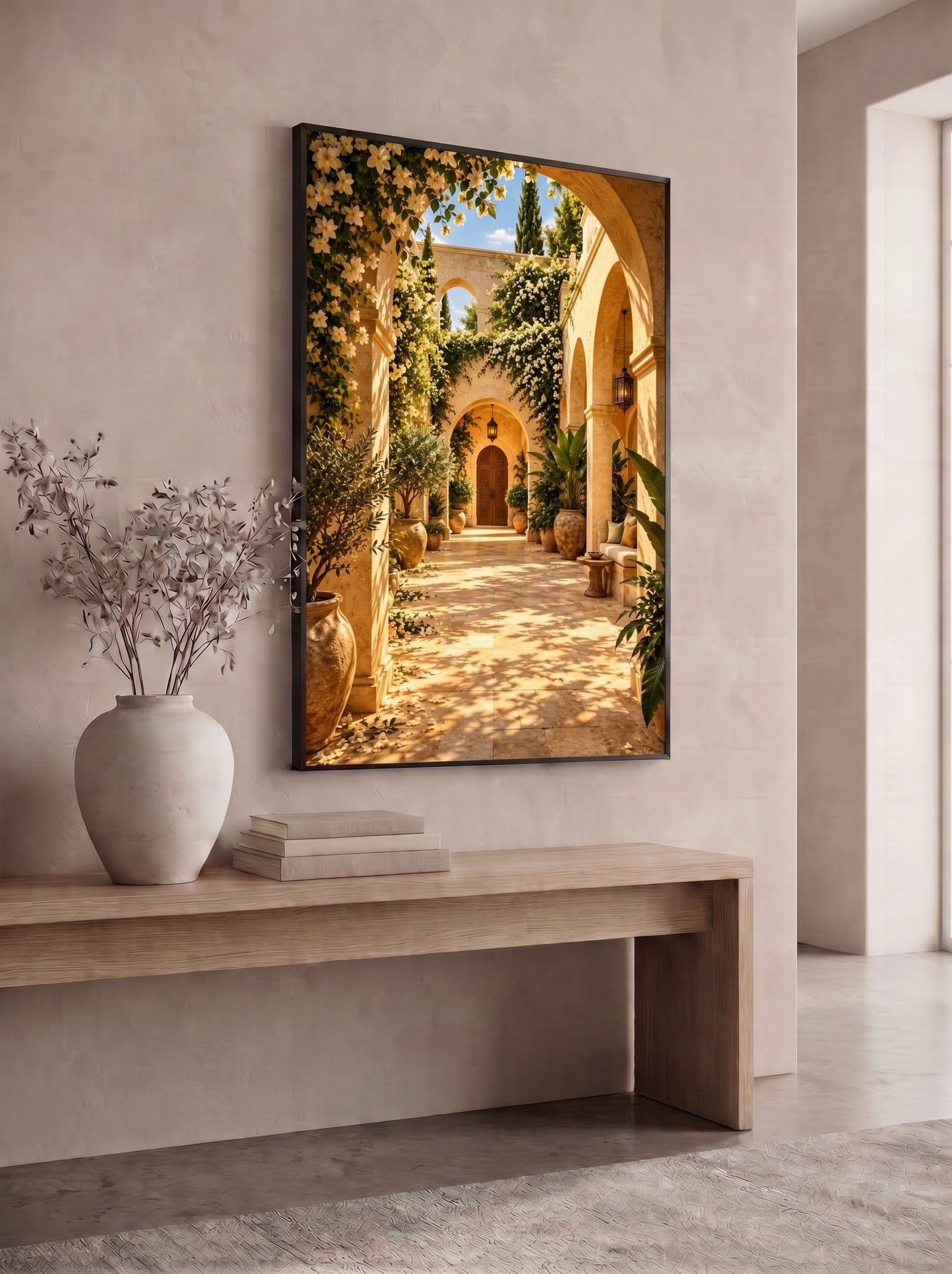 Sunlit Moorish Courtyard with White Blooms