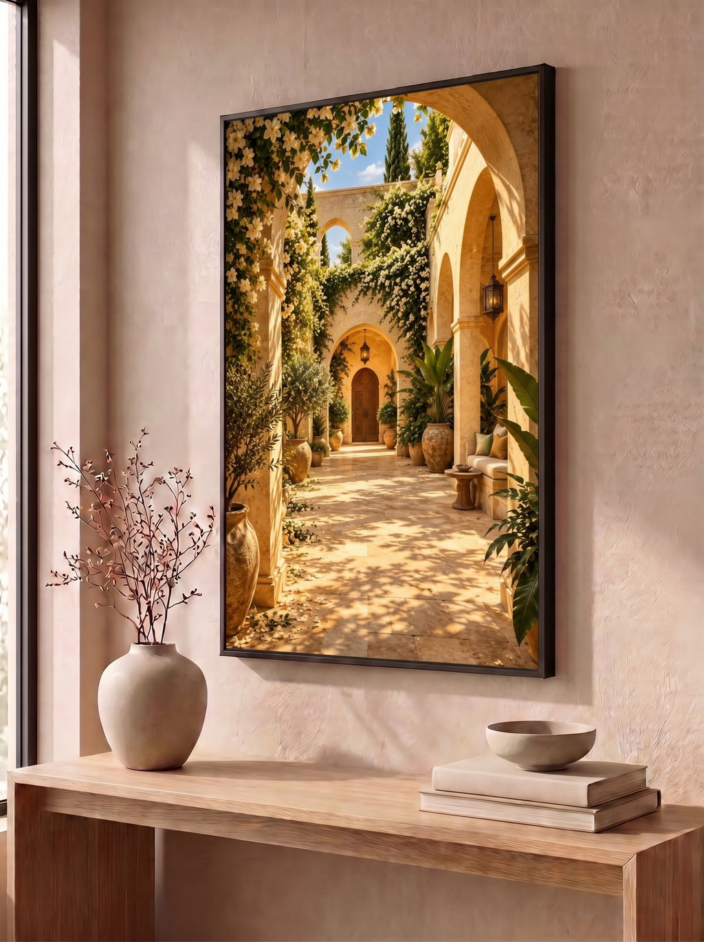 Sunlit Moorish Courtyard with White Blooms