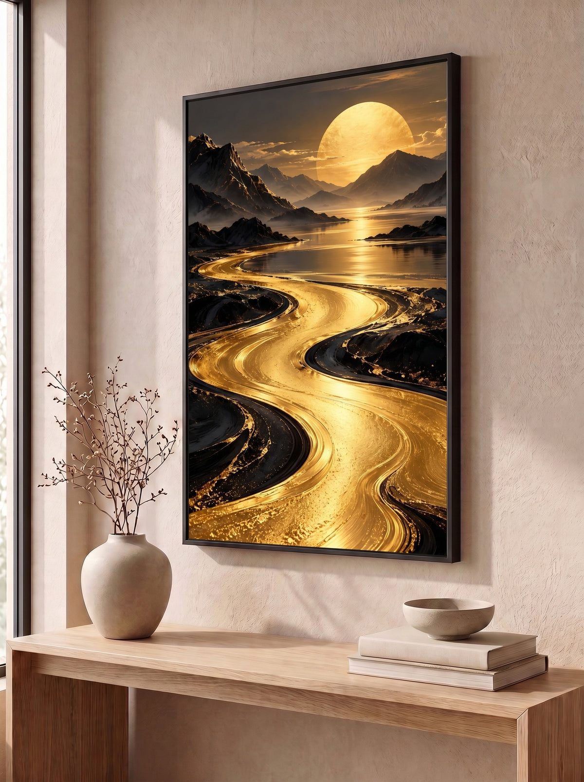 Golden River Through Shadowed Mountains