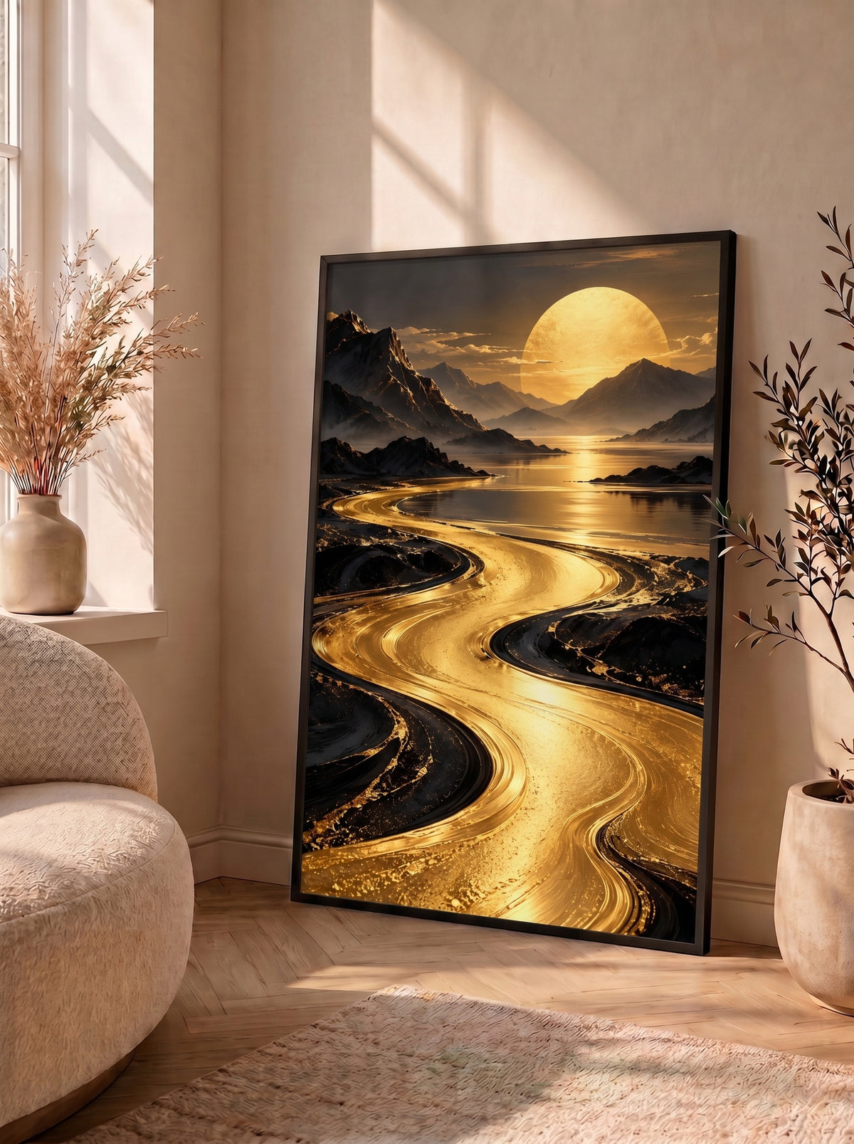 Golden River Through Shadowed Mountains