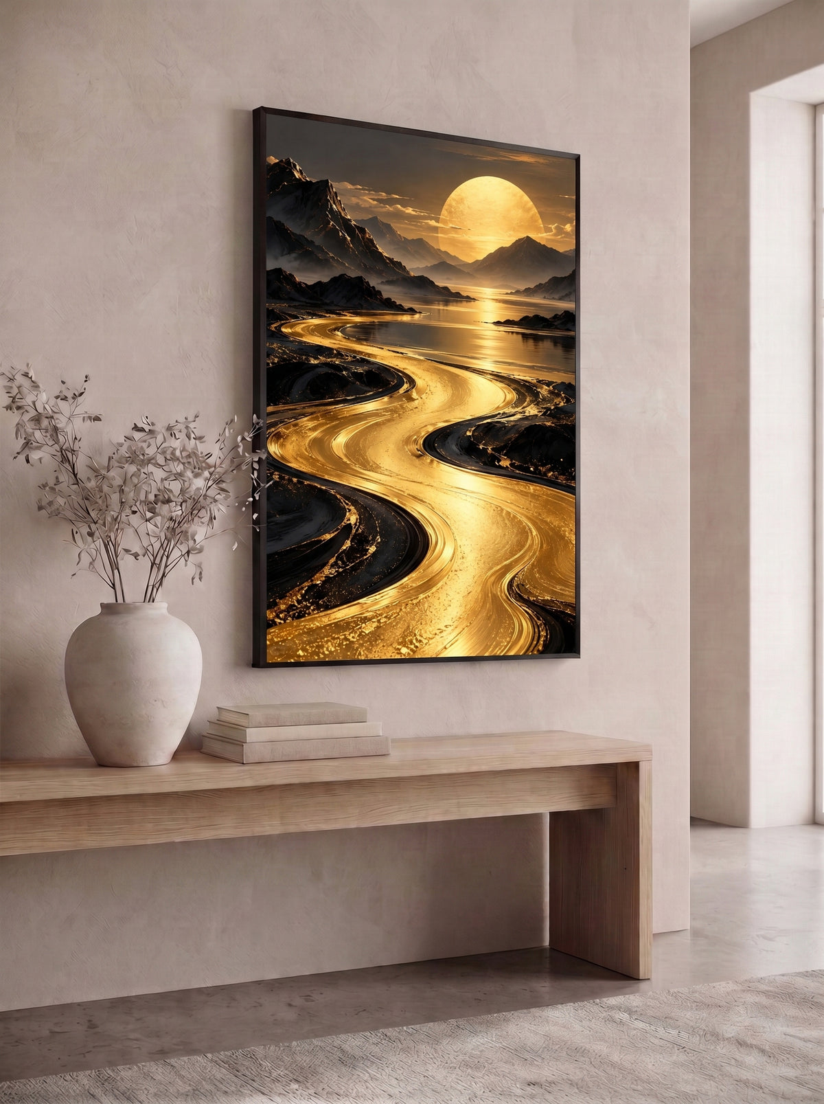 Golden River Through Shadowed Mountains