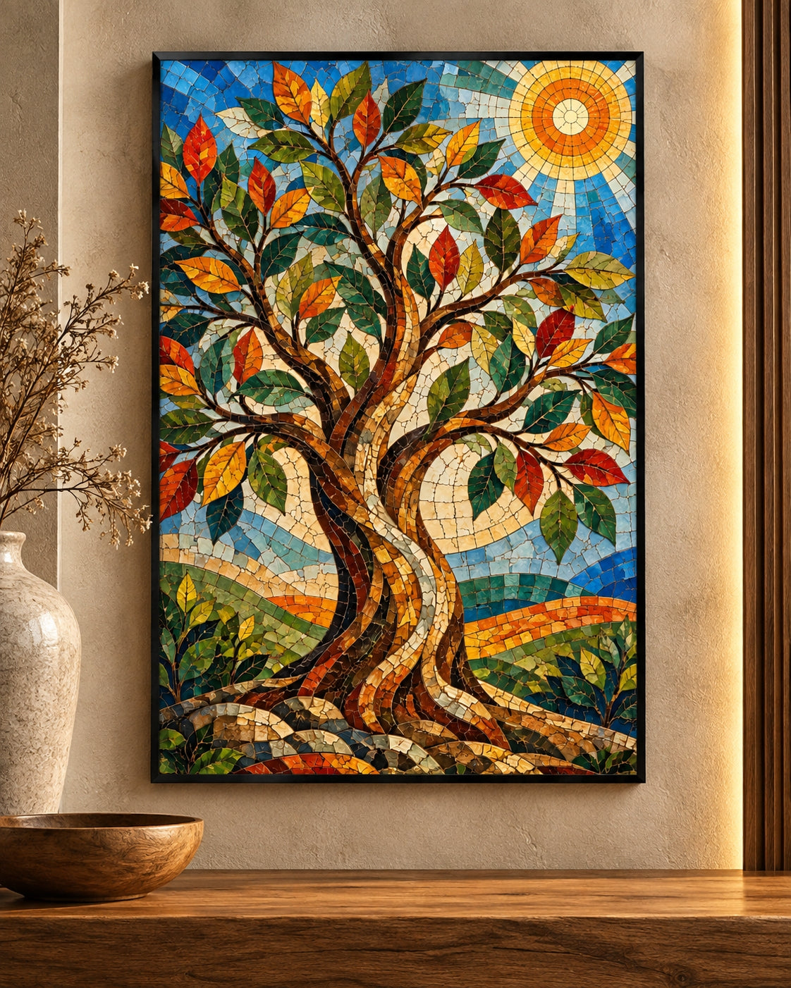 Mosaic Tree Beneath a Radiant Sun