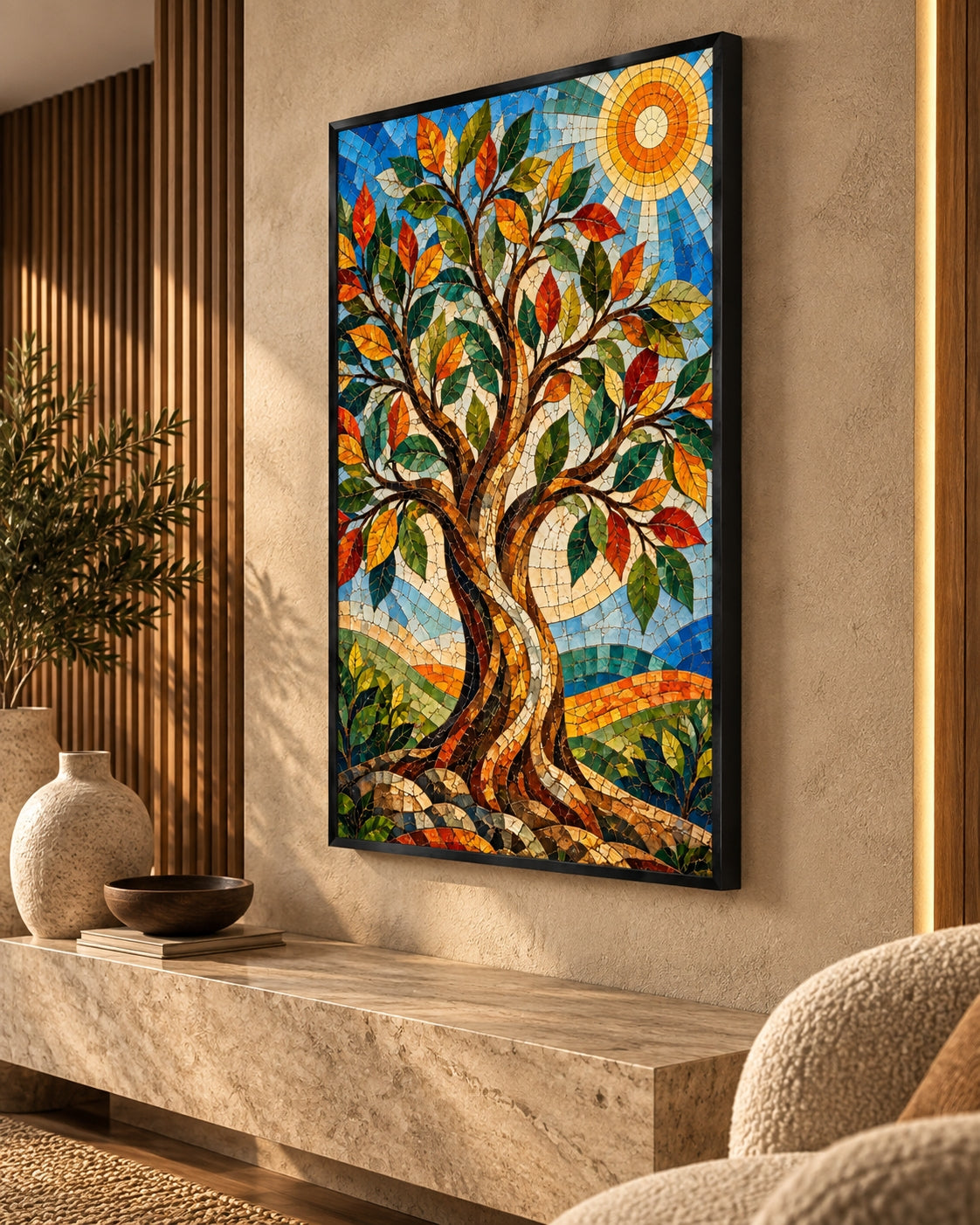 Mosaic Tree Beneath a Radiant Sun