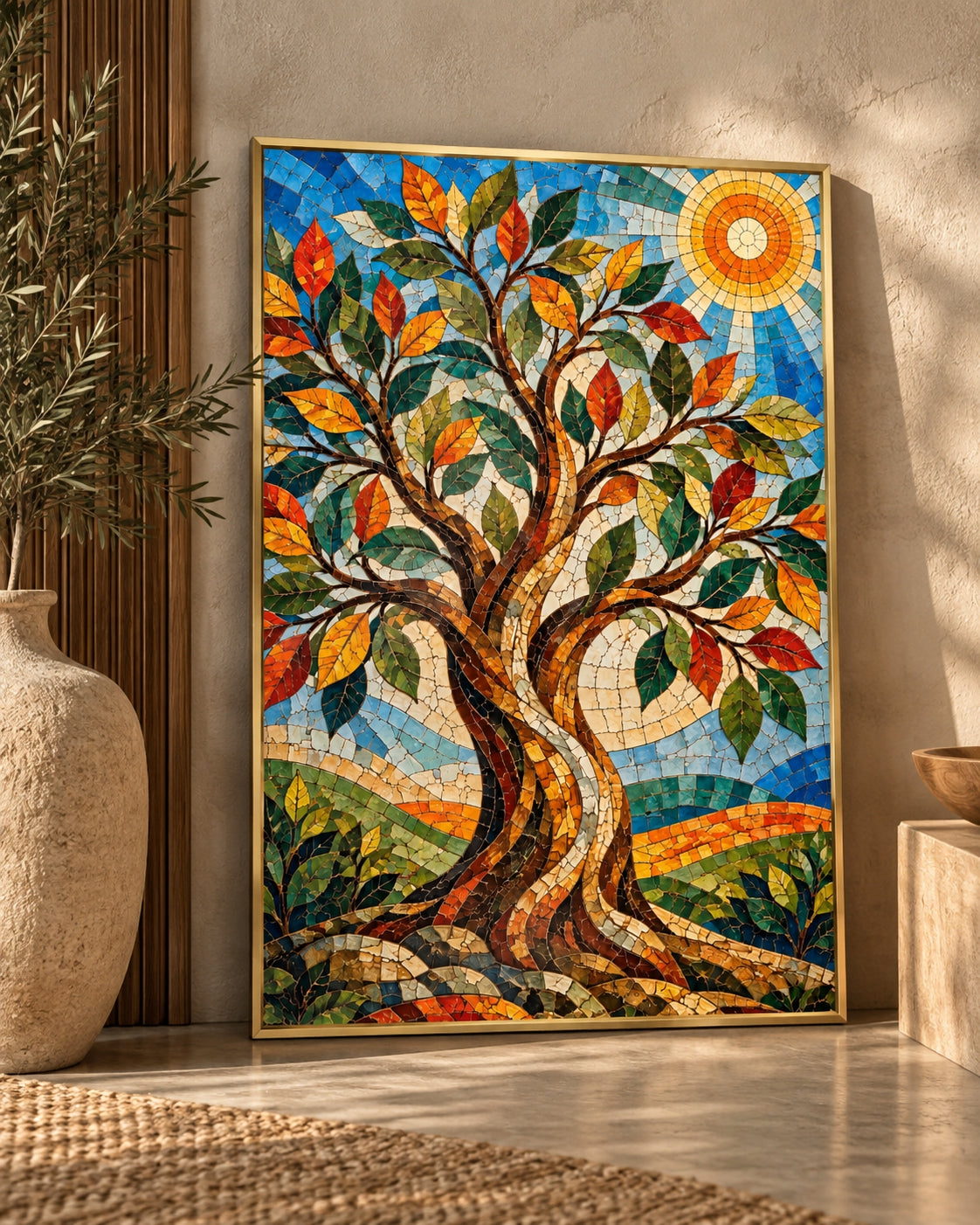 Mosaic Tree Beneath a Radiant Sun