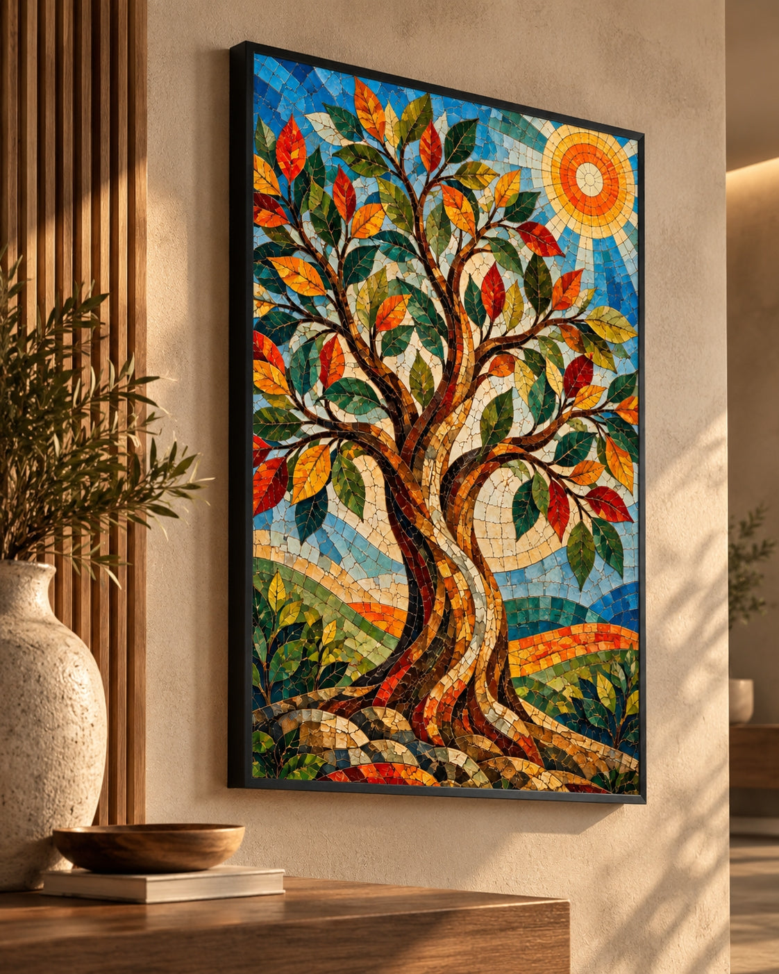 Mosaic Tree Beneath a Radiant Sun